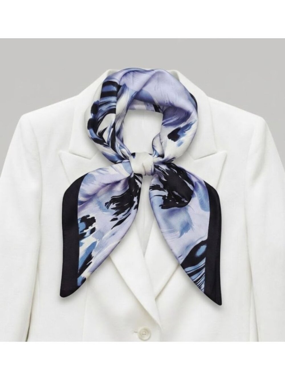 Luxury Silky Soft Square Scarf Black Blue White Abstract Floral Print Shawl Wrap